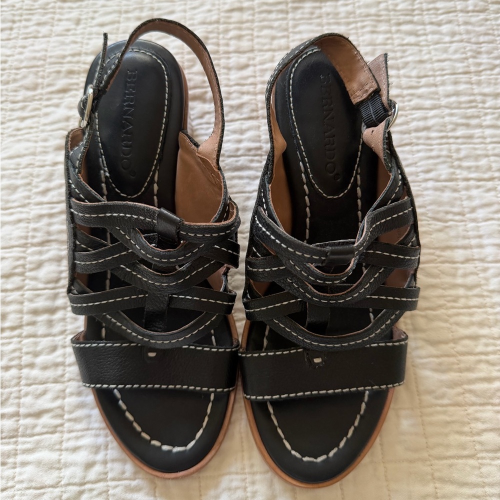 Bernardo Black Leather Strappy Slingback Sandals